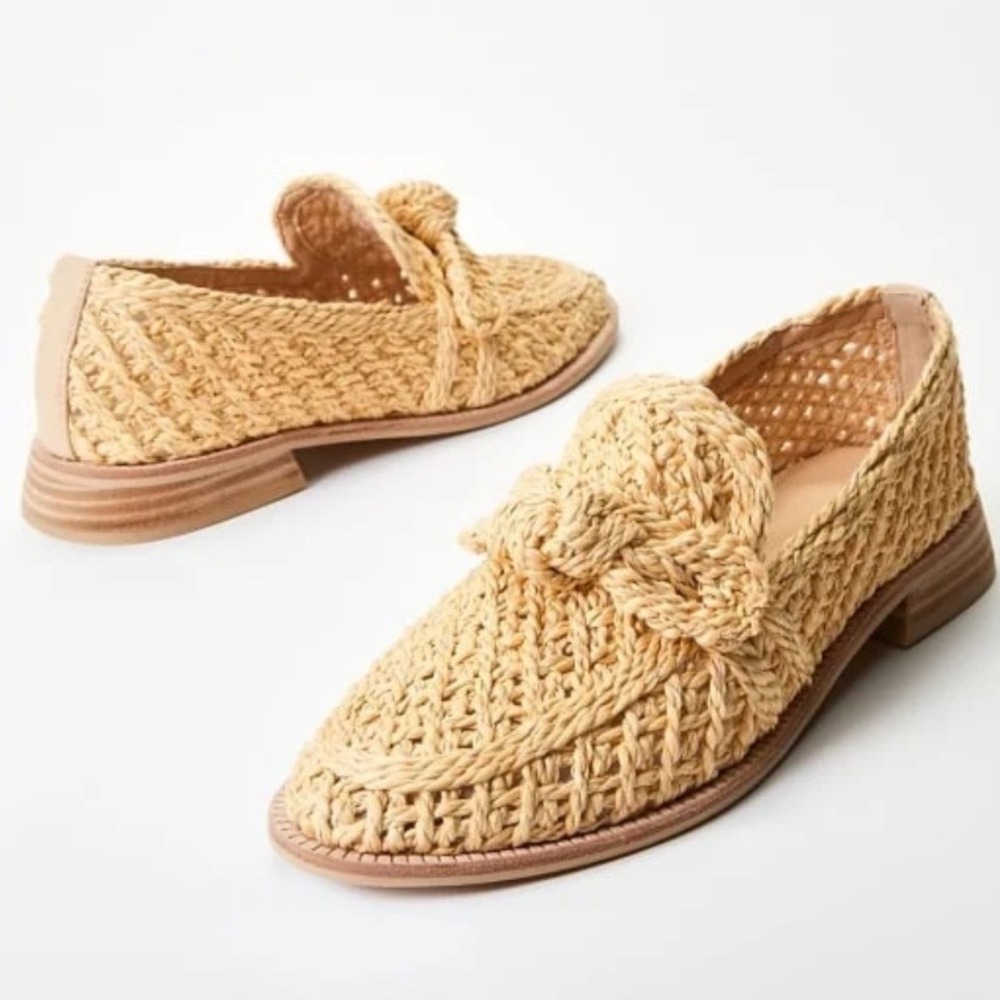 Just Fab Marion Woven Straw Loafers Tan Knotted Bow Slip On Flats Womens 8.5